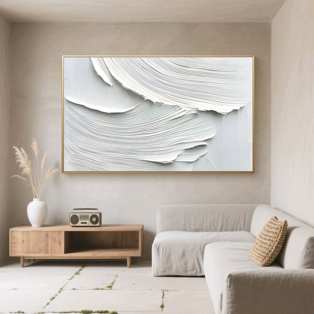 Minimalist abstract wave wall art 'Whispered Drift' - hand-painted white-gray textured canvas, framed, modern living room
