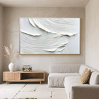 Minimalist abstract wave wall art 'Whispered Drift' - hand-painted white-gray textured canvas, framed, modern living room