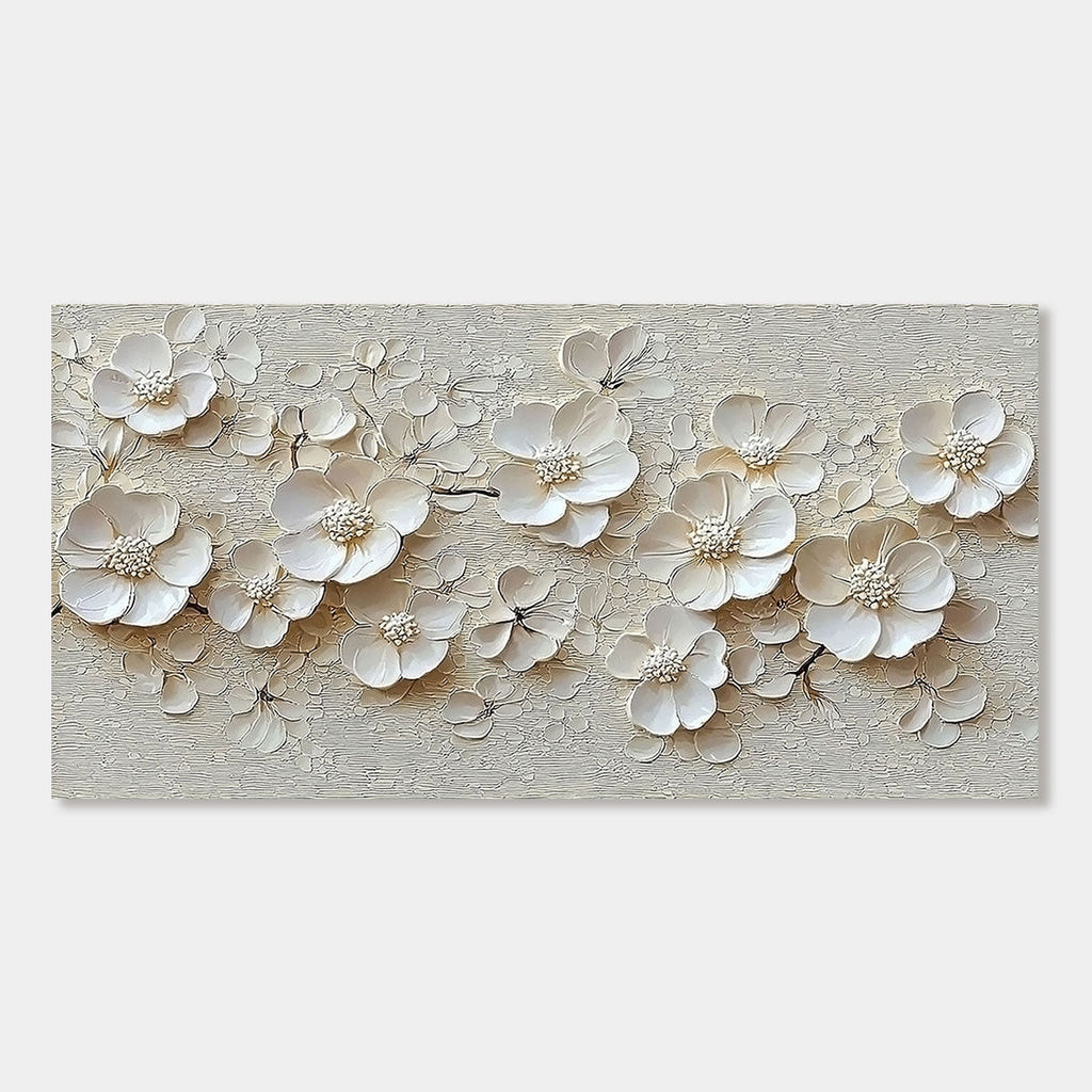 Modern 3D Floral Wall Art: Creamy white impasto flower petals on beige canvas.