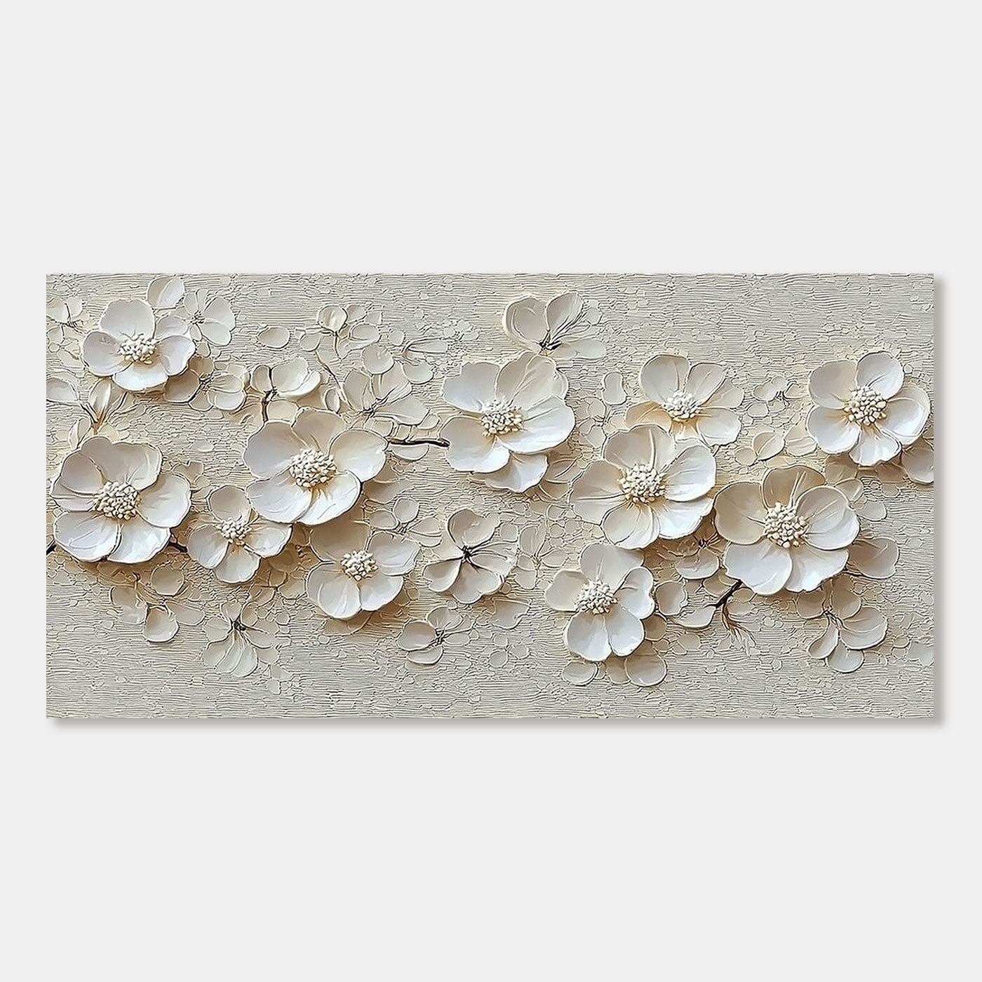 Modern 3D Floral Wall Art: Creamy white impasto flower petals on beige canvas.