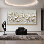 Beige canvas with 3D floral art in a modern living room setting.