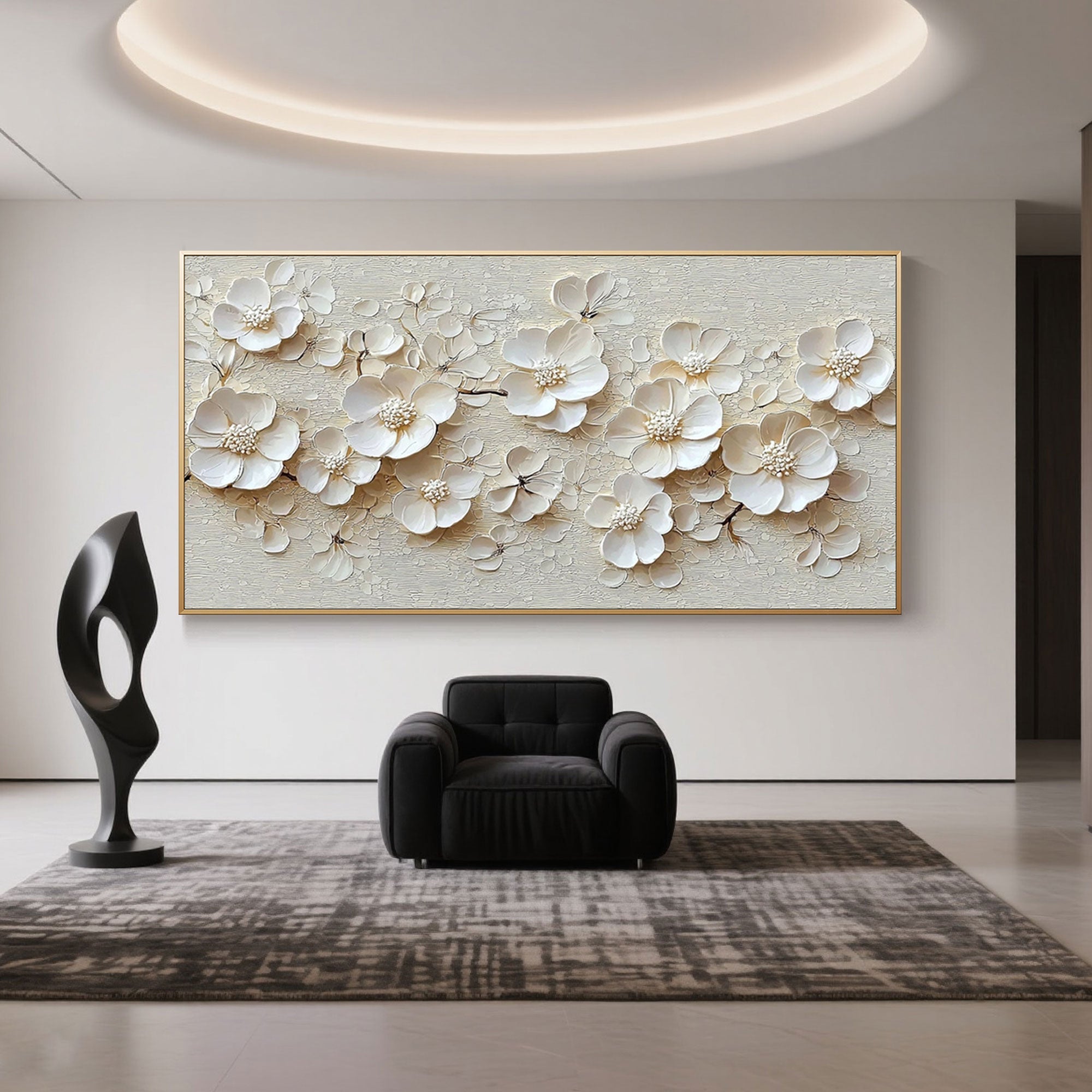 Beige canvas with 3D floral art in a modern living room setting.