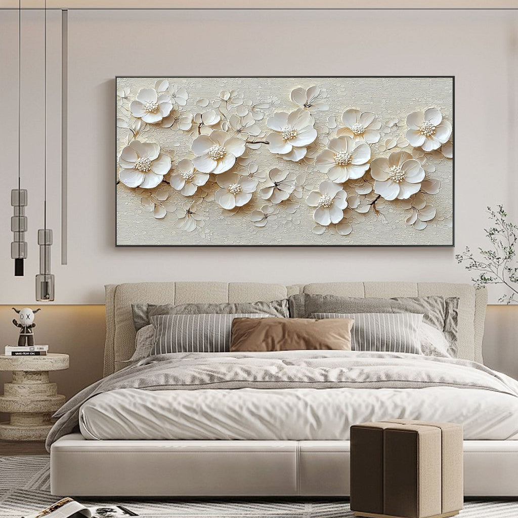 Modern 3D Floral Wall Art: Creamy white impasto flower petals on beige canvas.