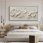 Modern 3D Floral Wall Art: Creamy white impasto flower petals on beige canvas.