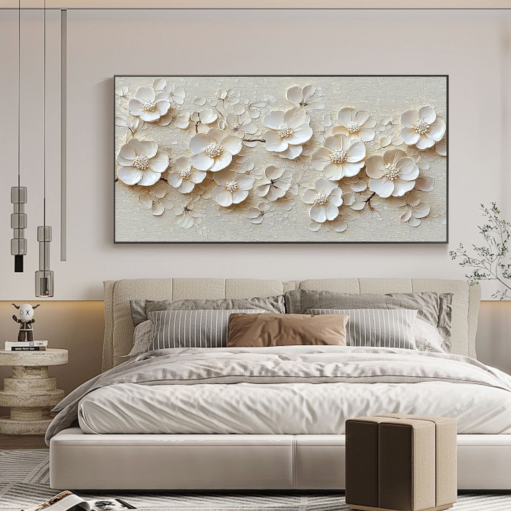 Modern 3D Floral Wall Art: Creamy white impasto flower petals on beige canvas.