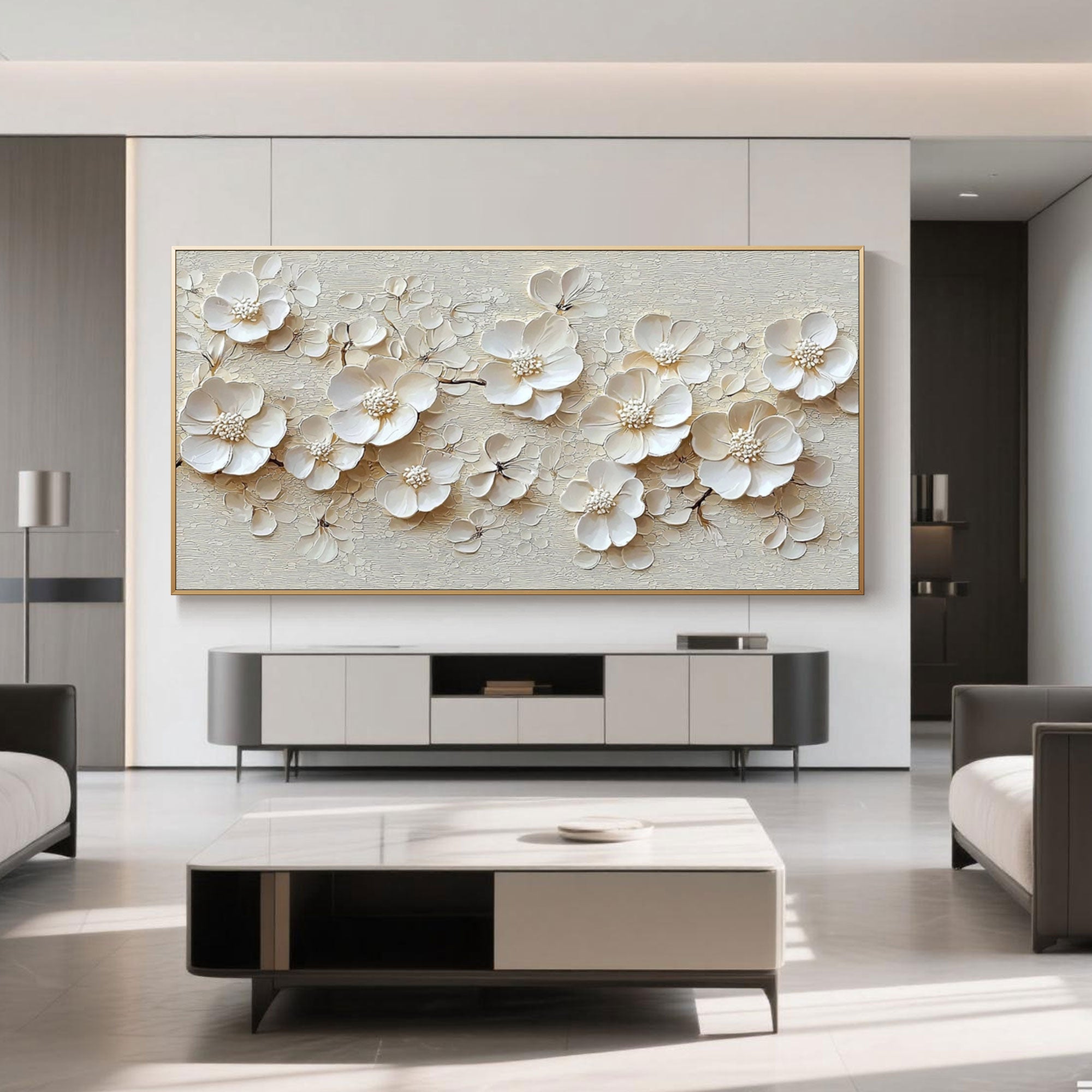 Close-up of hand-painted white flower petals with raised detailing.