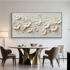 Modern 3D floral wall art with a black frame in a dining room.