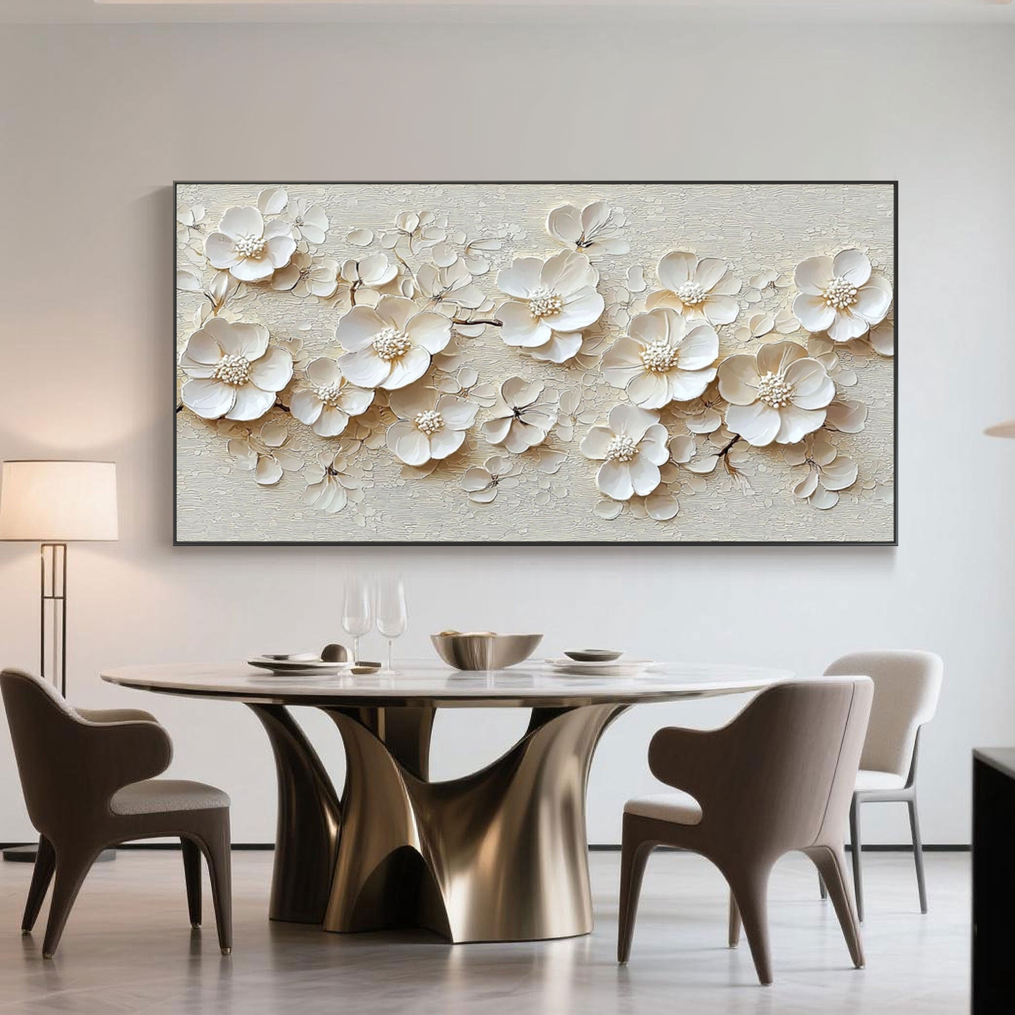 Modern 3D floral wall art with a black frame in a dining room.