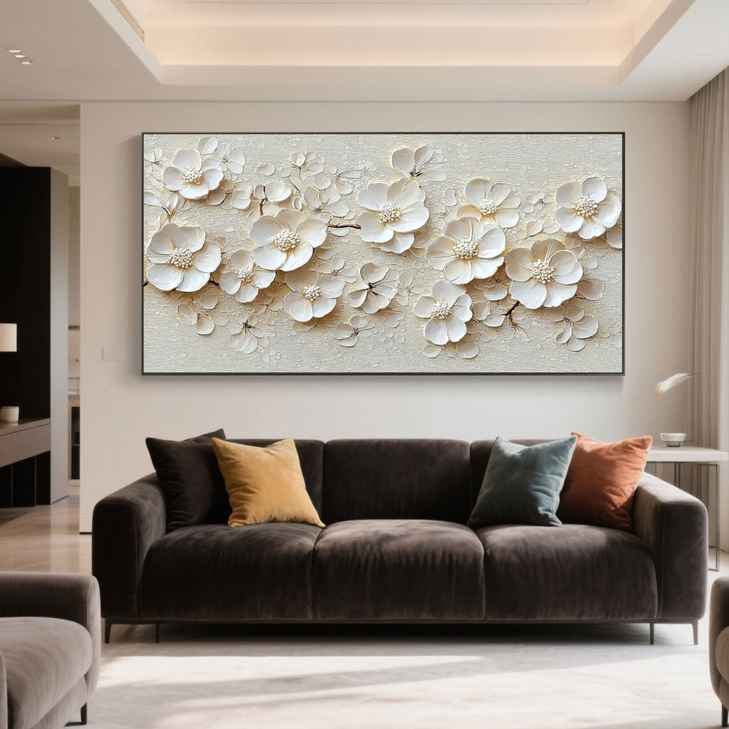 Modern 3D Floral Wall Art: Creamy white impasto flower petals on beige canvas.