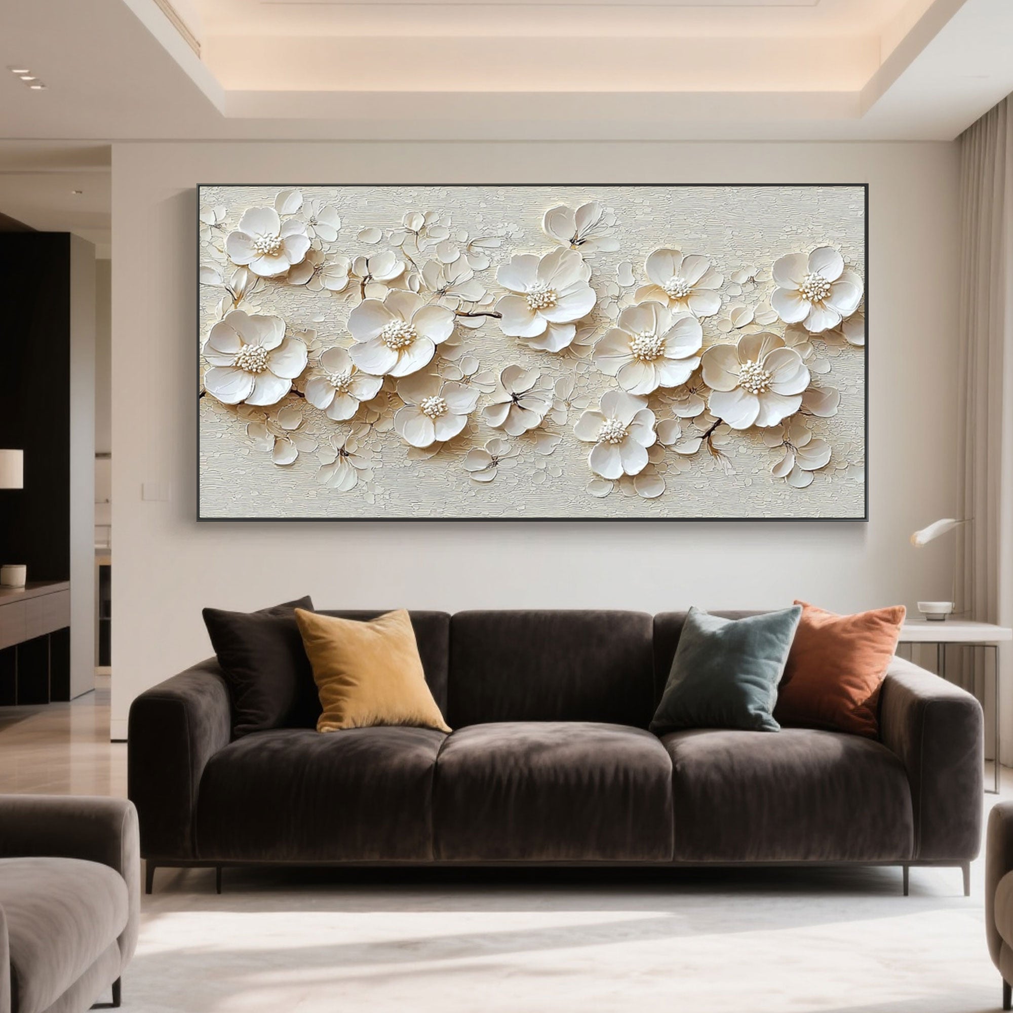 Modern 3D Floral Wall Art: Creamy white impasto flower petals on beige canvas.