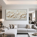 Beige canvas with 3D floral art in a modern living room setting.