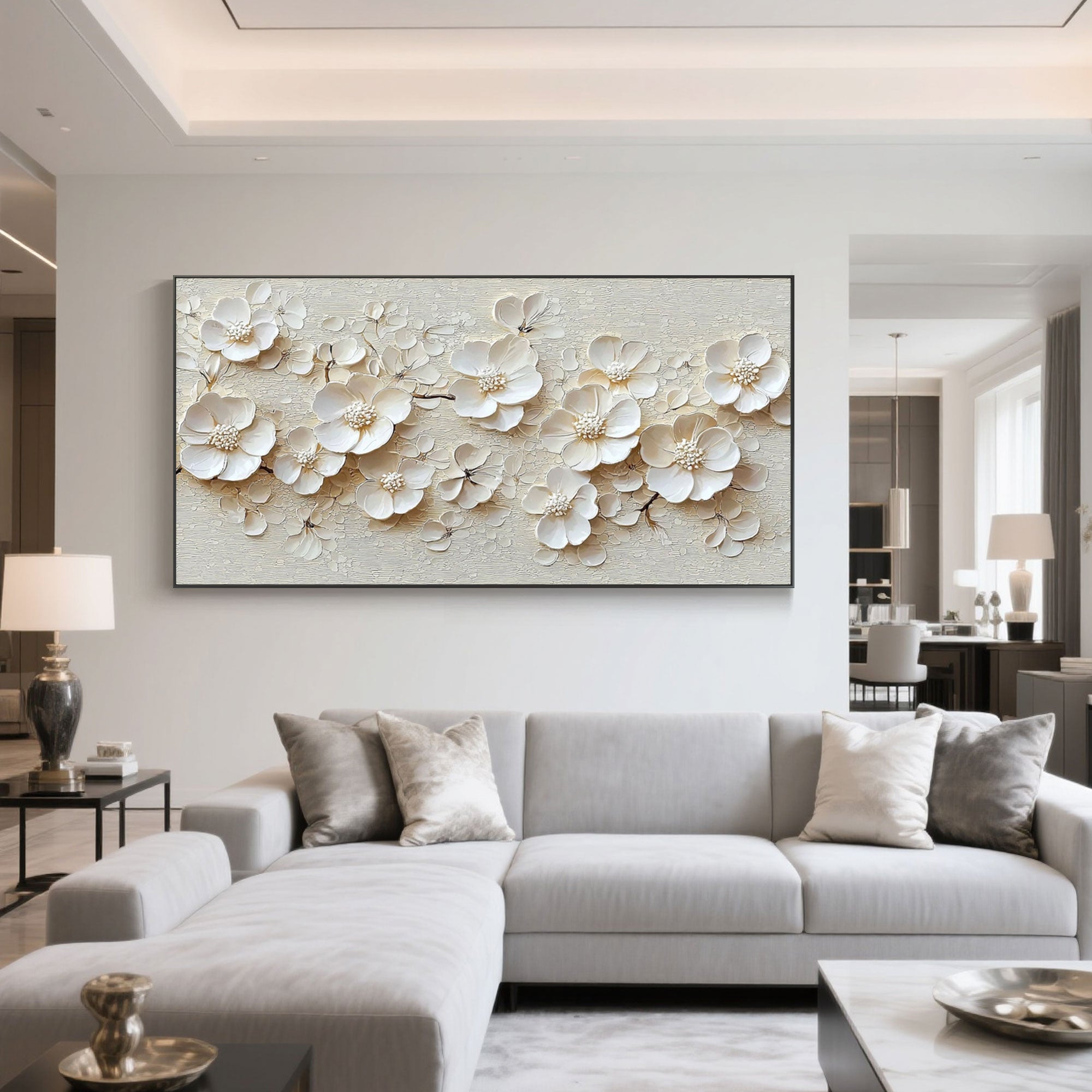 Beige canvas with 3D floral art in a modern living room setting.