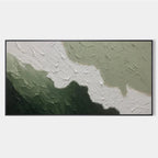 Modern abstract painting with deep green and white impasto texture on canvas, minimalist wall art for living room or hallway decor.