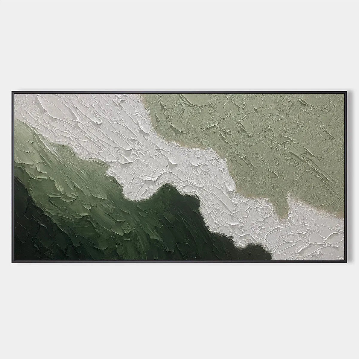 Modern abstract painting with deep green and white impasto texture on canvas, minimalist wall art for living room or hallway decor.
