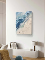 Abstract ocean waves and sandy beach painting with blue and beige tones