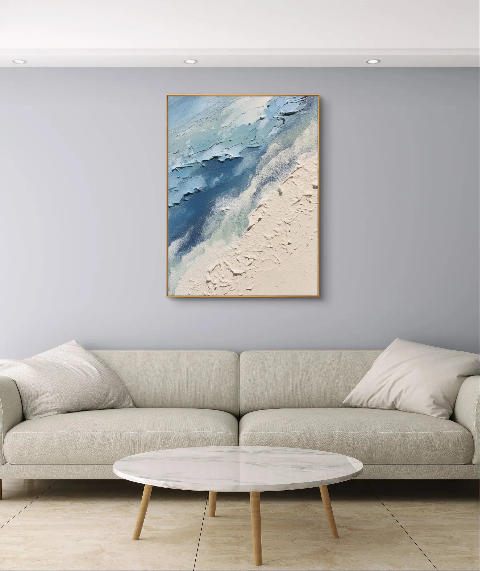 Abstract ocean waves and sandy beach painting with blue and beige tones