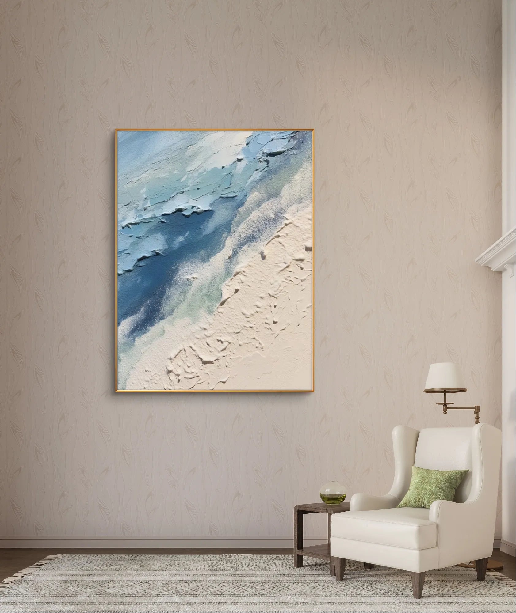 Abstract ocean waves and sandy beach painting with blue and beige tones
