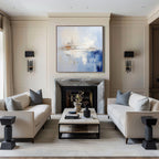 Modern Abstract Painting #AB015 featuring cool blues, soft creams, and warm browns.