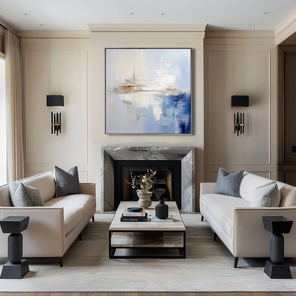 Modern Abstract Painting #AB015 featuring cool blues, soft creams, and warm browns.