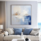 Modern Abstract Painting #AB015 featuring cool blues, soft creams, and warm browns.