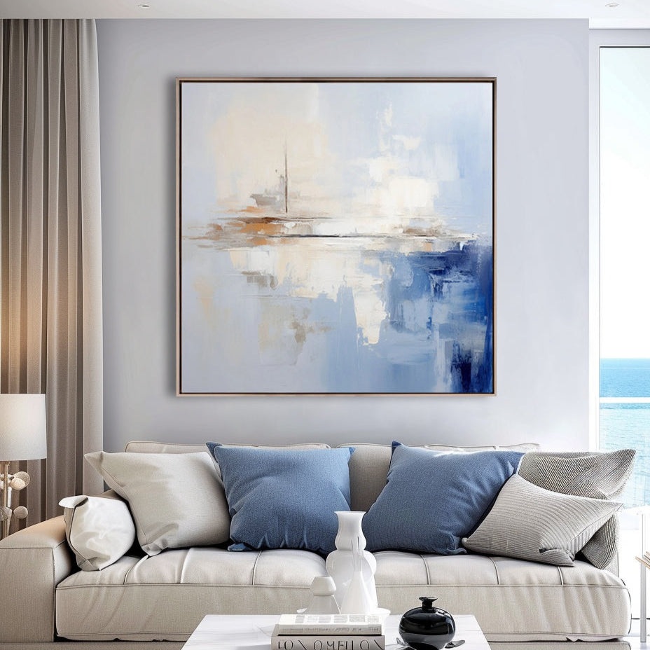 Modern Abstract Painting #AB015 featuring cool blues, soft creams, and warm browns.
