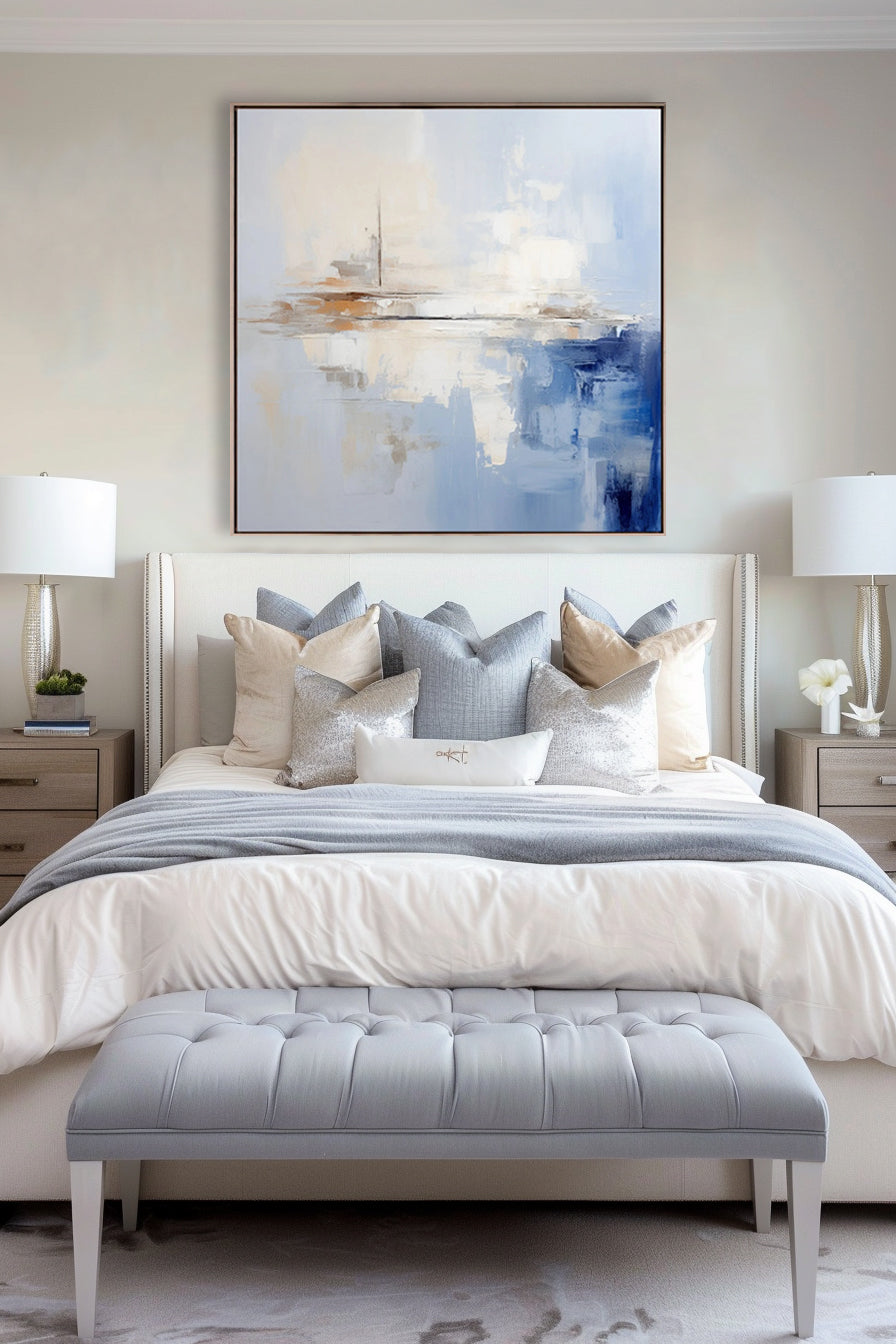 Modern Abstract Painting #AB015 featuring cool blues, soft creams, and warm browns.