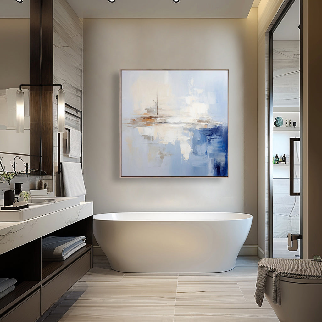 Modern Abstract Painting #AB015 in a bathroom setting above a white tub.