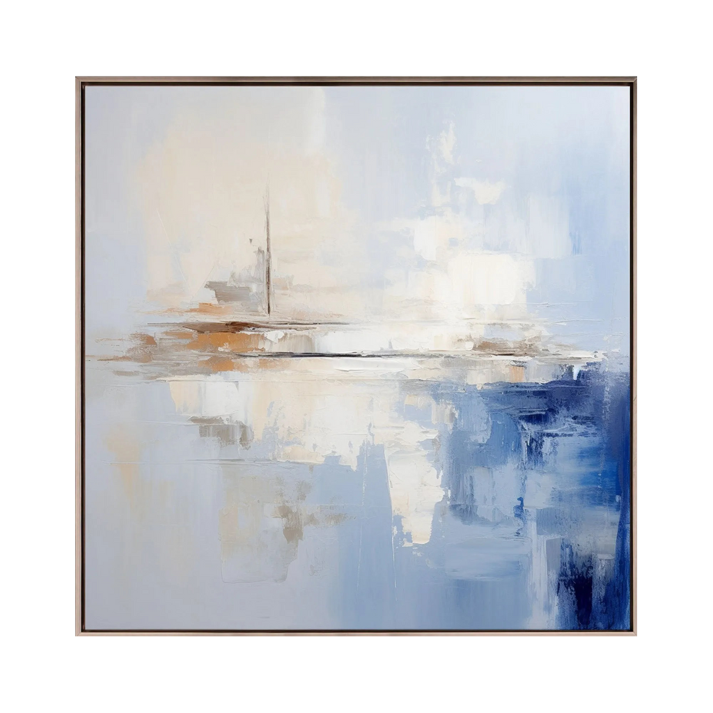 Modern Abstract Painting #AB015 featuring cool blues, soft creams, and warm browns.