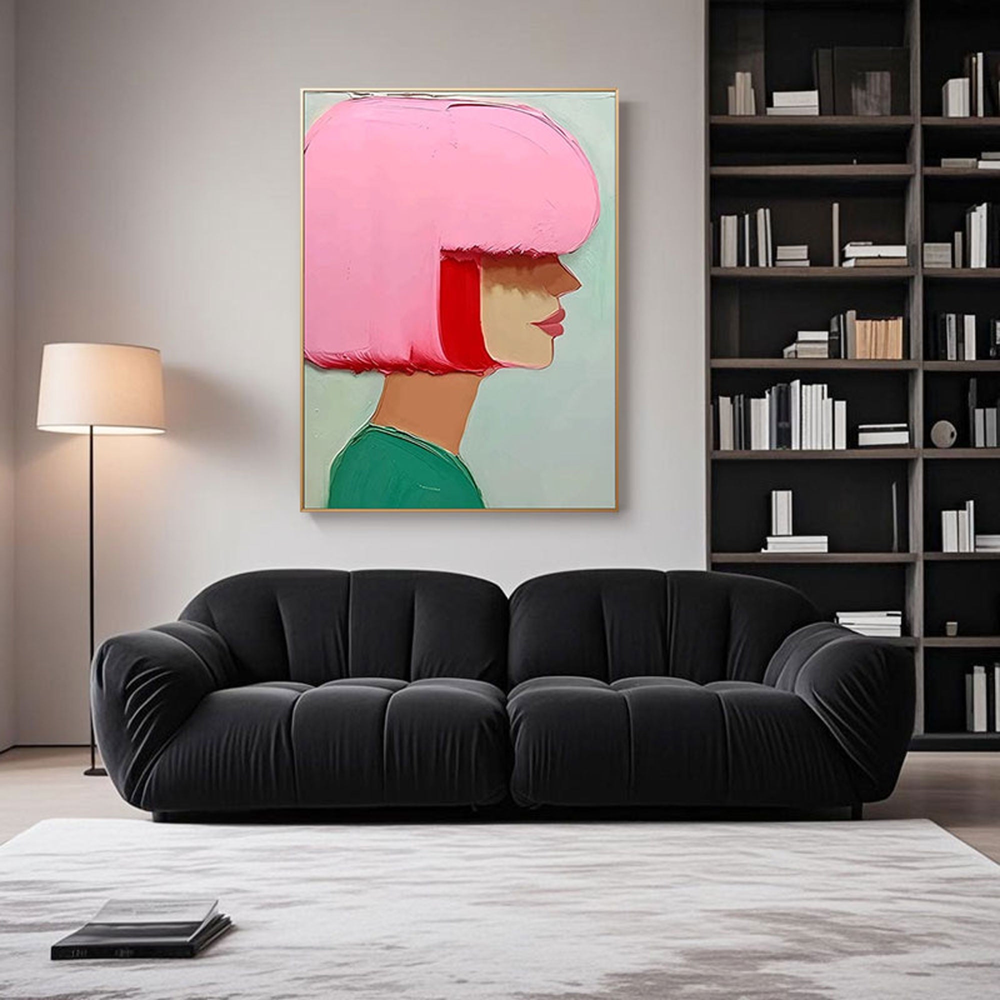 Hidden Gaze wall art displayed above a purple velvet sofa in a bright contemporary living room, creating a striking focal point.