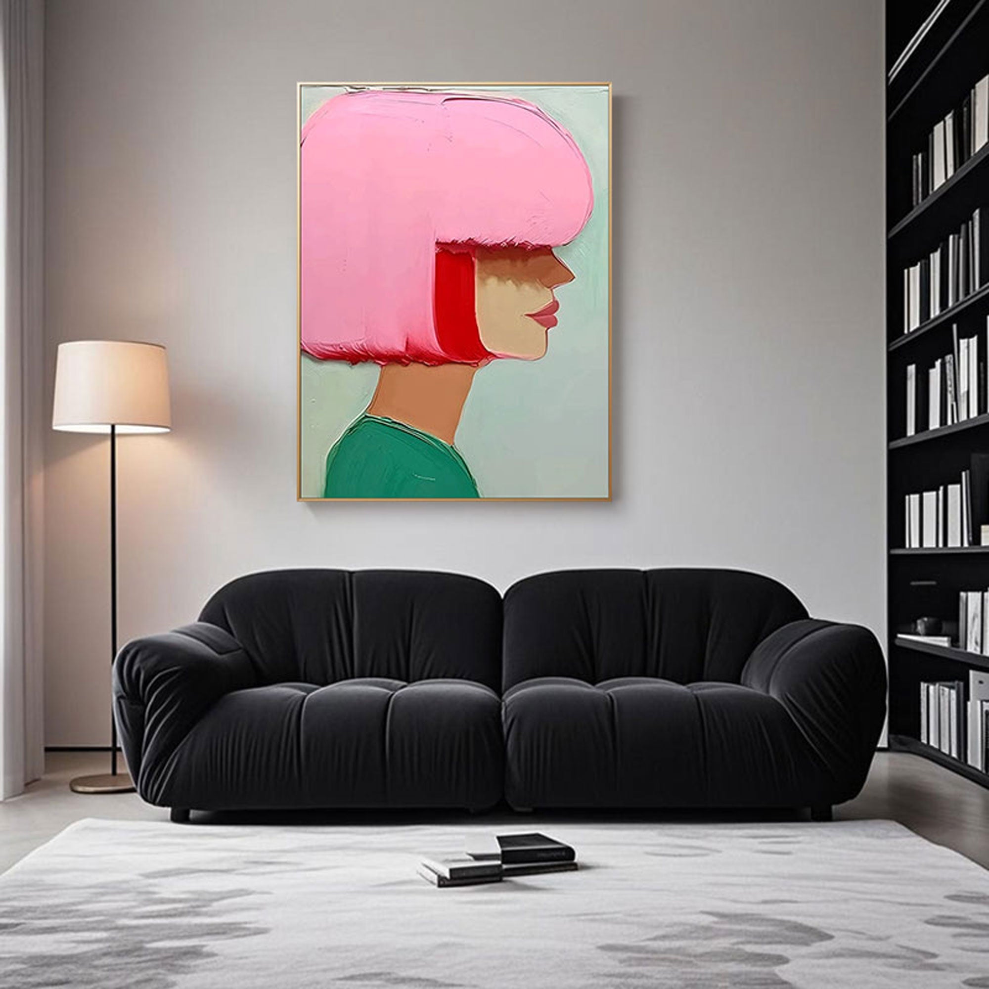Vertical minimalist figurative artwork featuring bold brushstrokes and a stylized female profile in saturated pink and green tones.