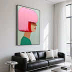 Side profile abstract woman portrait with exaggerated hair shape in contrasting pastel colors, on a smooth gallery-style canvas.