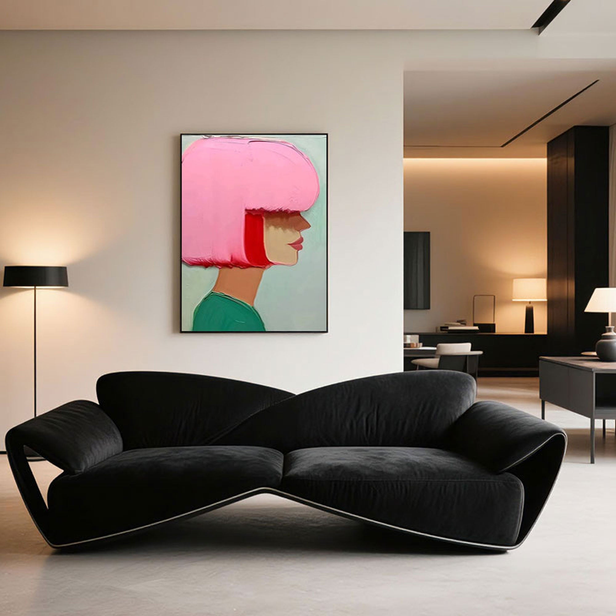 Close-up view of the Hidden Gaze abstract portrait, showing thick acrylic textures and color-block styling on premium canvas.