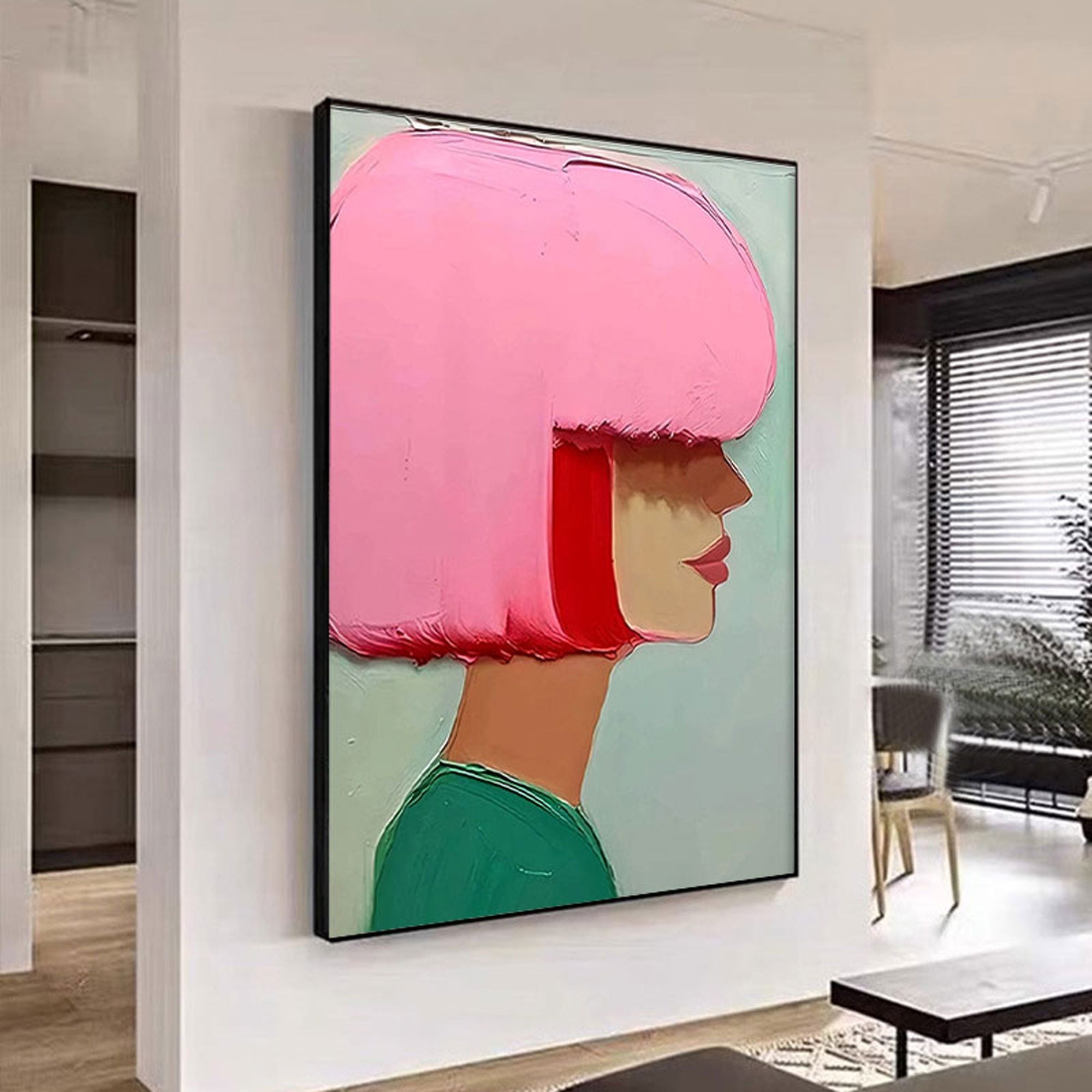 Modern abstract portrait painting of a woman with geometric pink and mint green hair, hand-painted on vertical canvas for stylish interiors.
