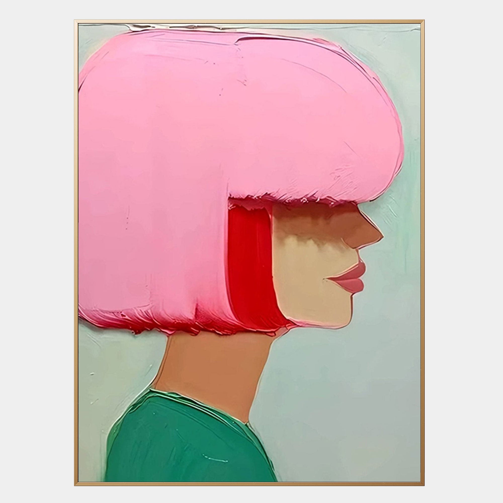 Hand-painted modern abstract portrait on vertical canvas featuring a stylized female profile with mint green and pink geometric hair, minimalist layout, and bold acrylic texture, created with eco-friendly paint on museum-grade canvas.