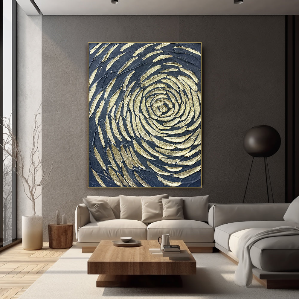 Black and gold abstract rose canvas art in a modern living space.