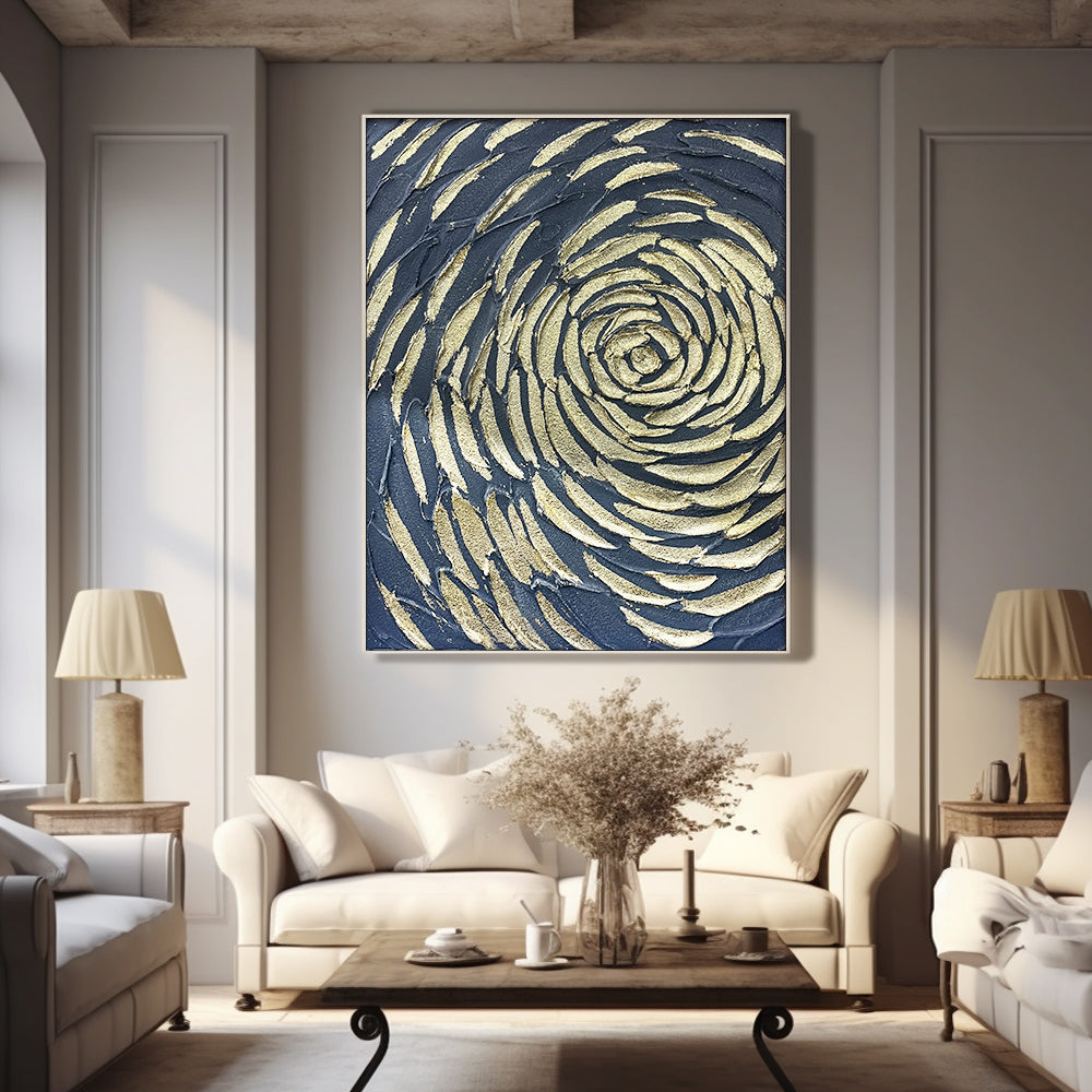 Abstract gold spiral rose painting on a black vertical canvas.