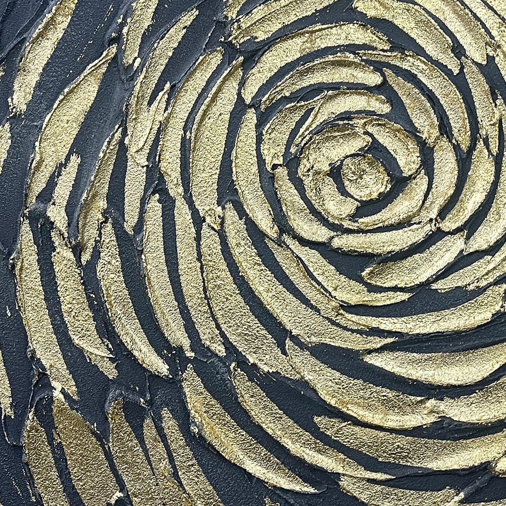 Midnight Rose abstract art featuring a gold textured rose on black canvas.