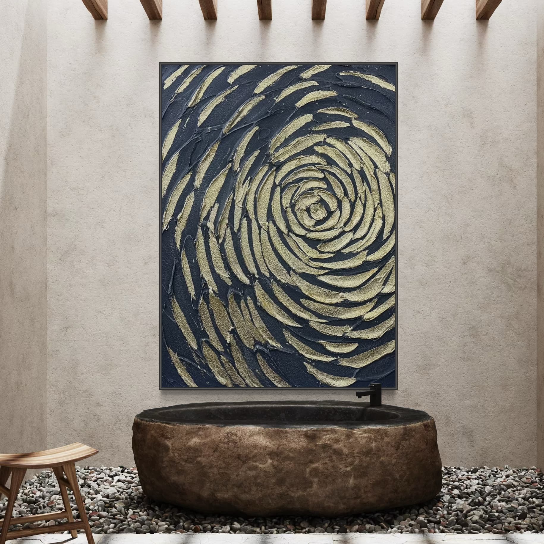Midnight Rose abstract art featuring a gold textured rose on black canvas.