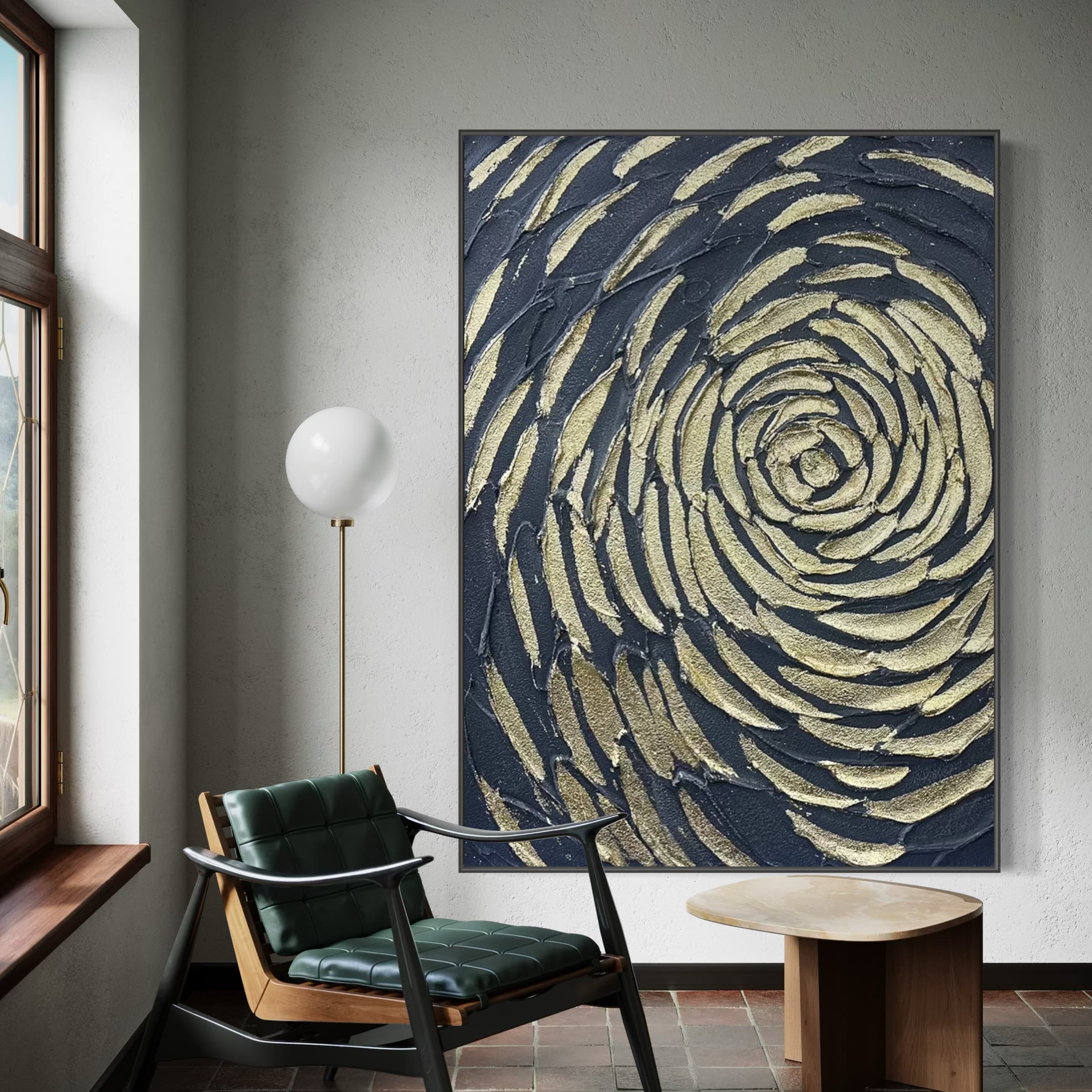 Midnight Rose abstract art featuring a gold textured rose on black canvas.
