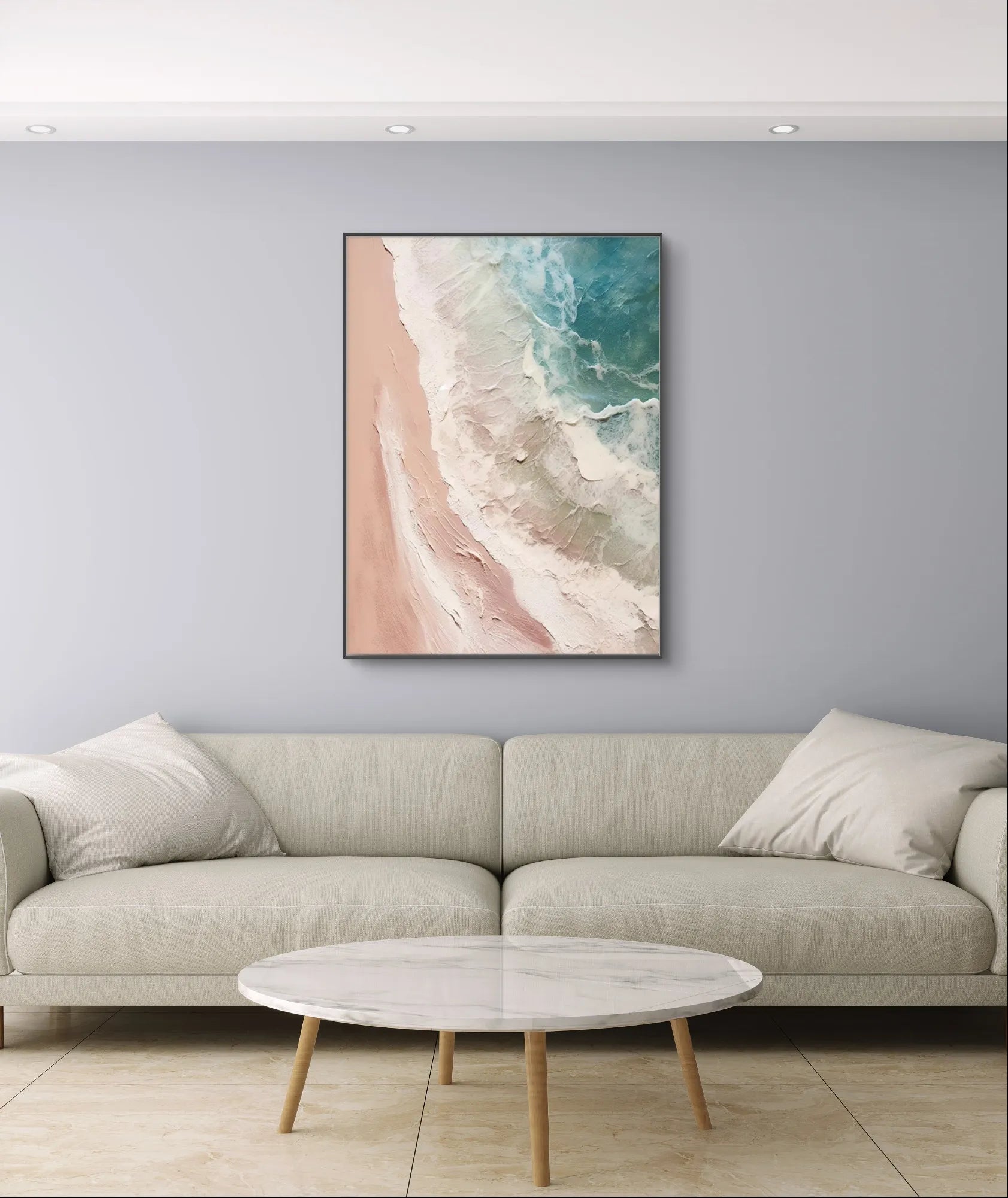 Abstract beach scene with pink and blue tones, featuring textured ocean waves and sandy shore