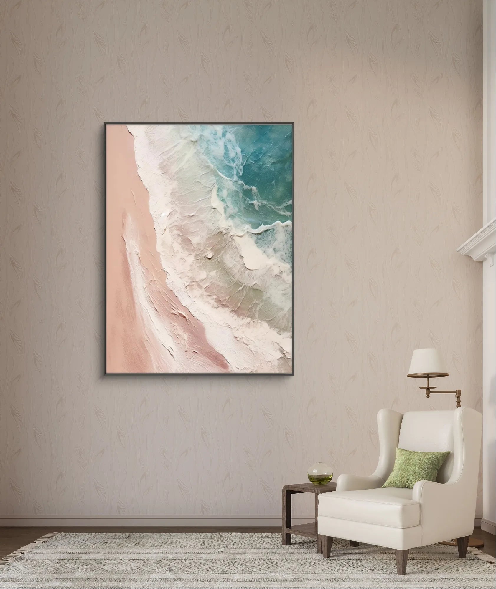 Abstract beach scene with pink and blue tones, featuring textured ocean waves and sandy shore