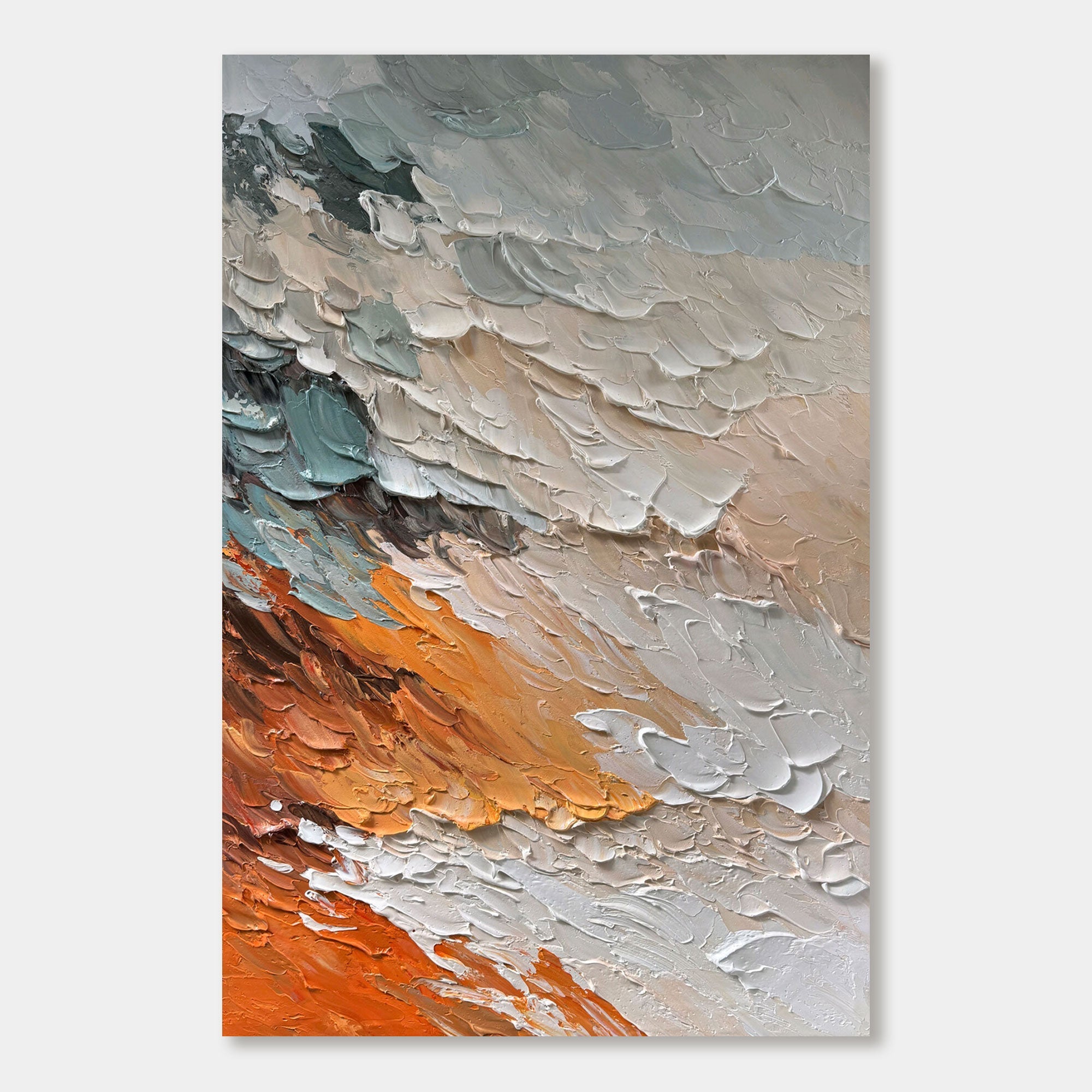 Modern abstract 'Molten Light' art with orange, gray, and teal 3D texture.