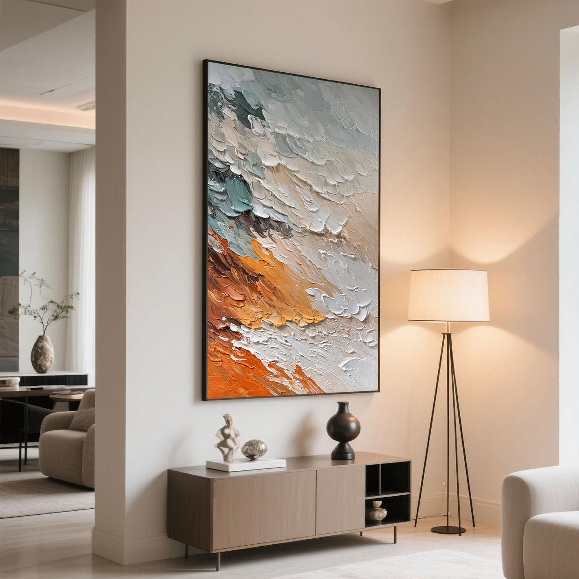 Contemporary interior featuring framed 'Molten Light' abstract canvas art.