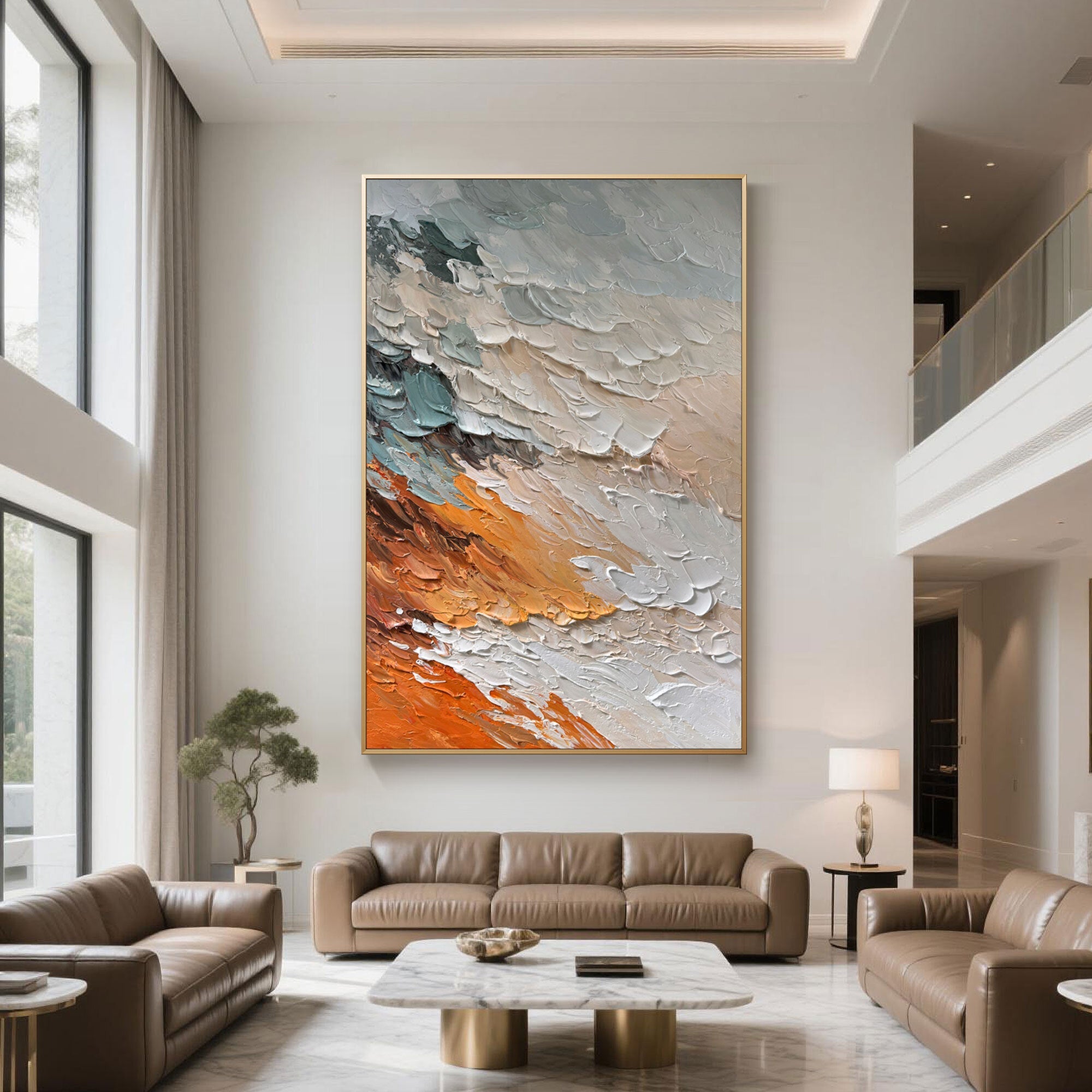 Modern living room with 'Molten Light' abstract art in a gold frame.