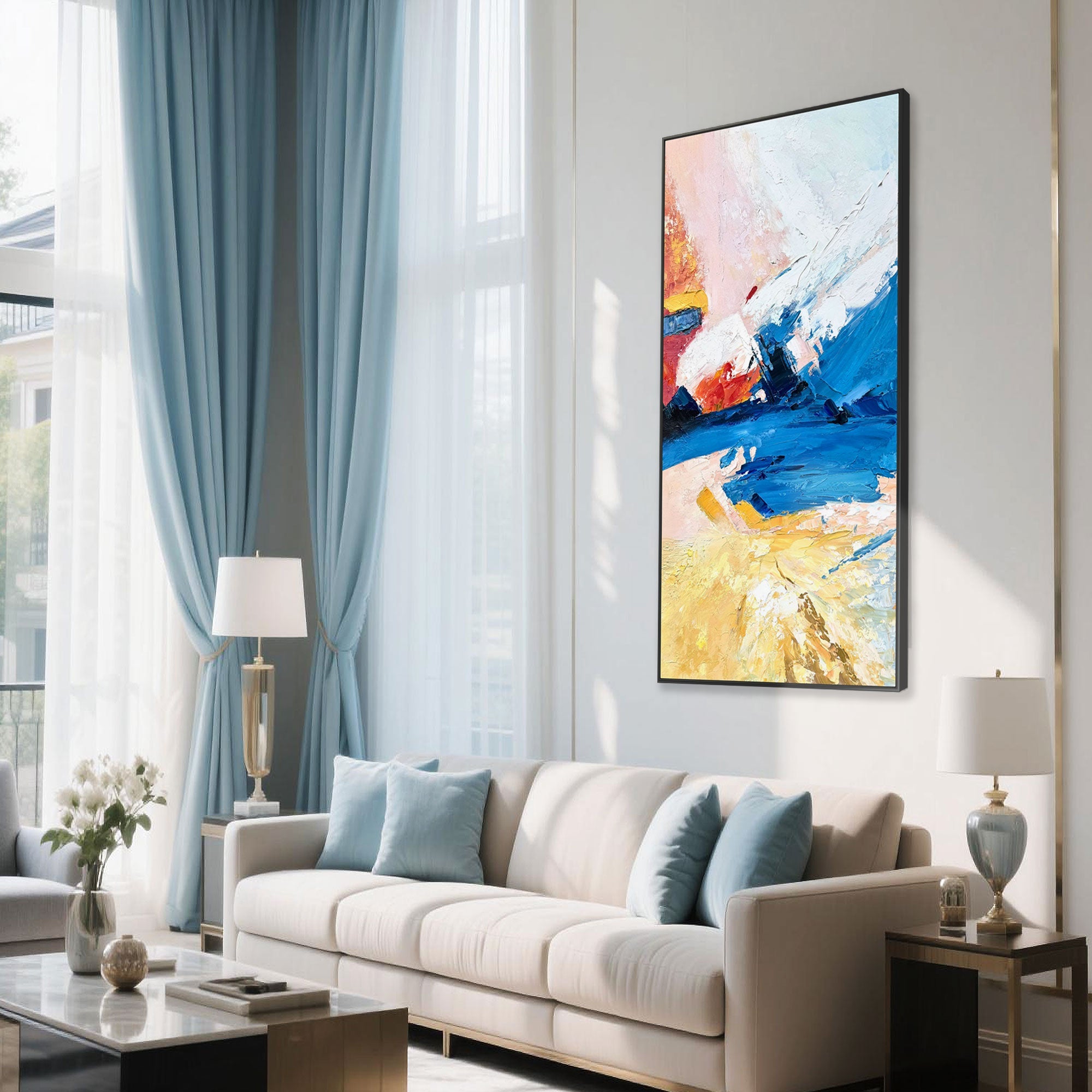 Bright living room with colorful wall art and blue curtains.