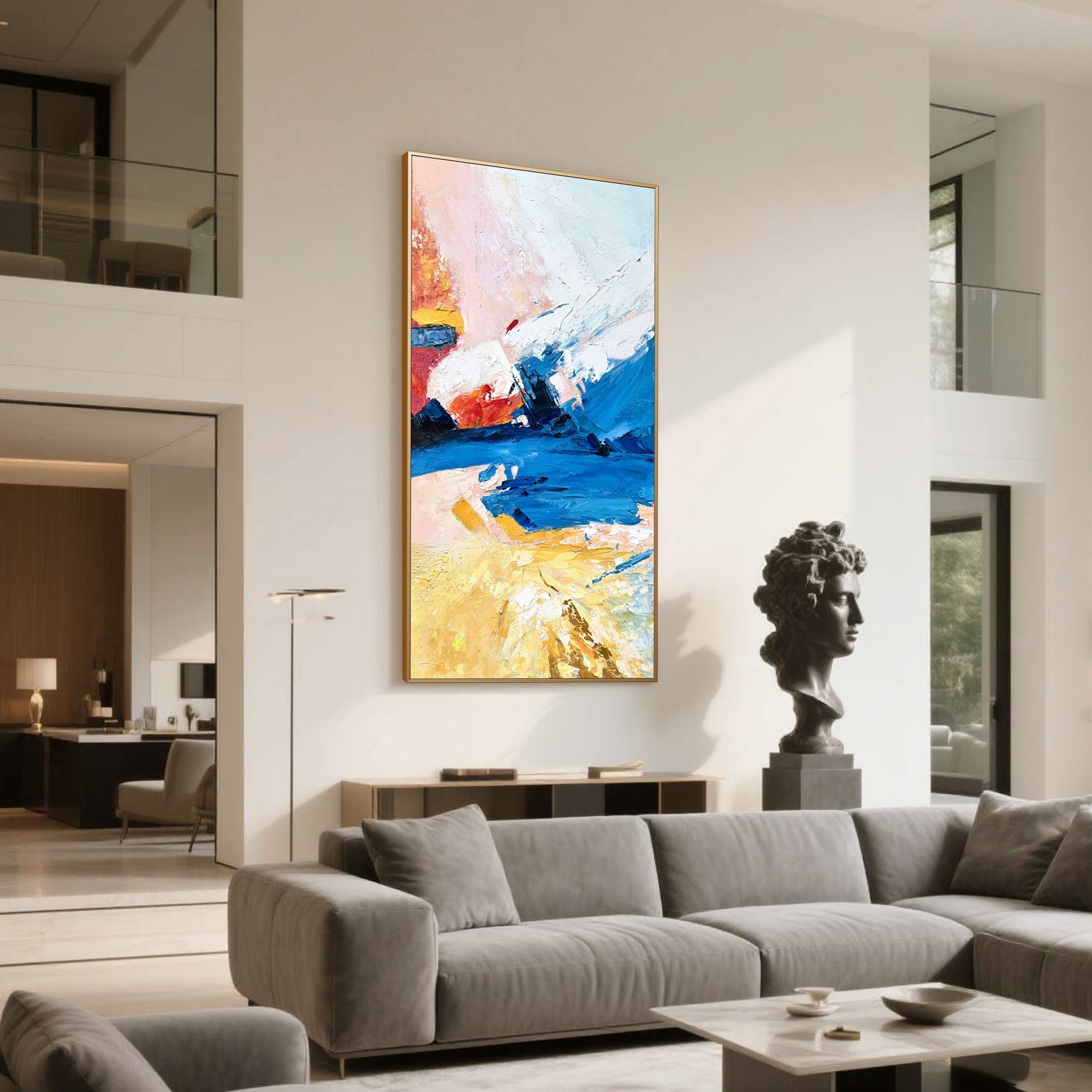 Modern textured painting in a double-height living room.