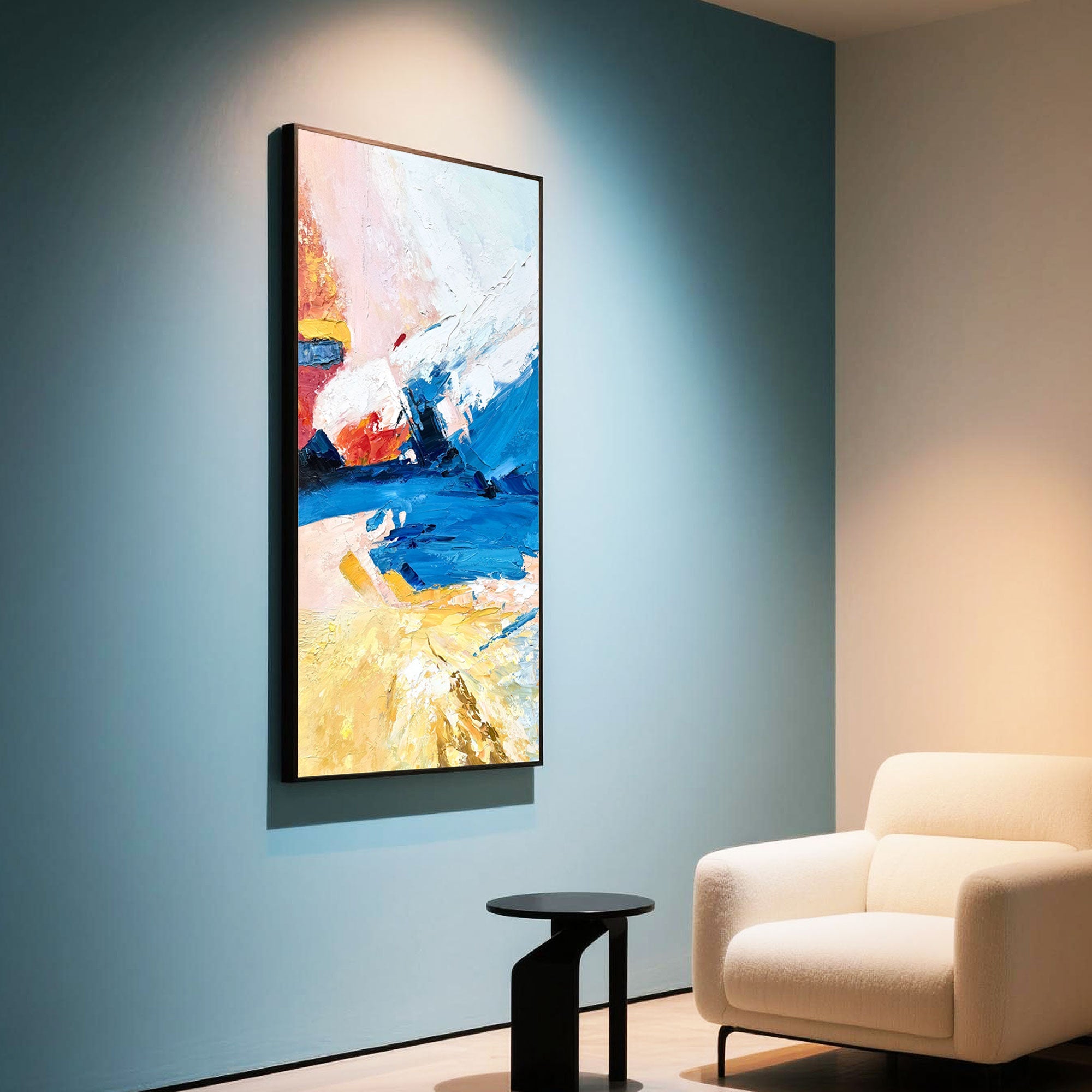Abstract blue and gold canvas art in a softly lit corner.