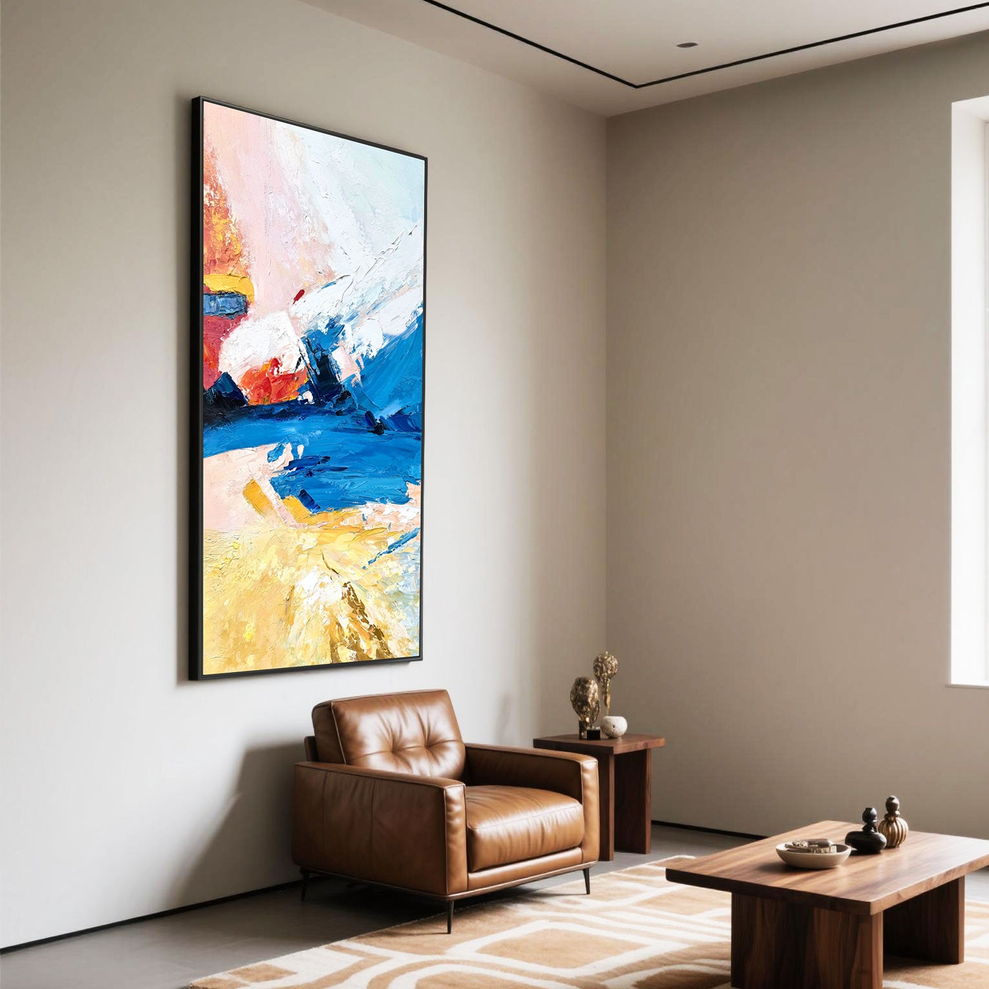 Hand-painted abstract artwork above a leather armchair.