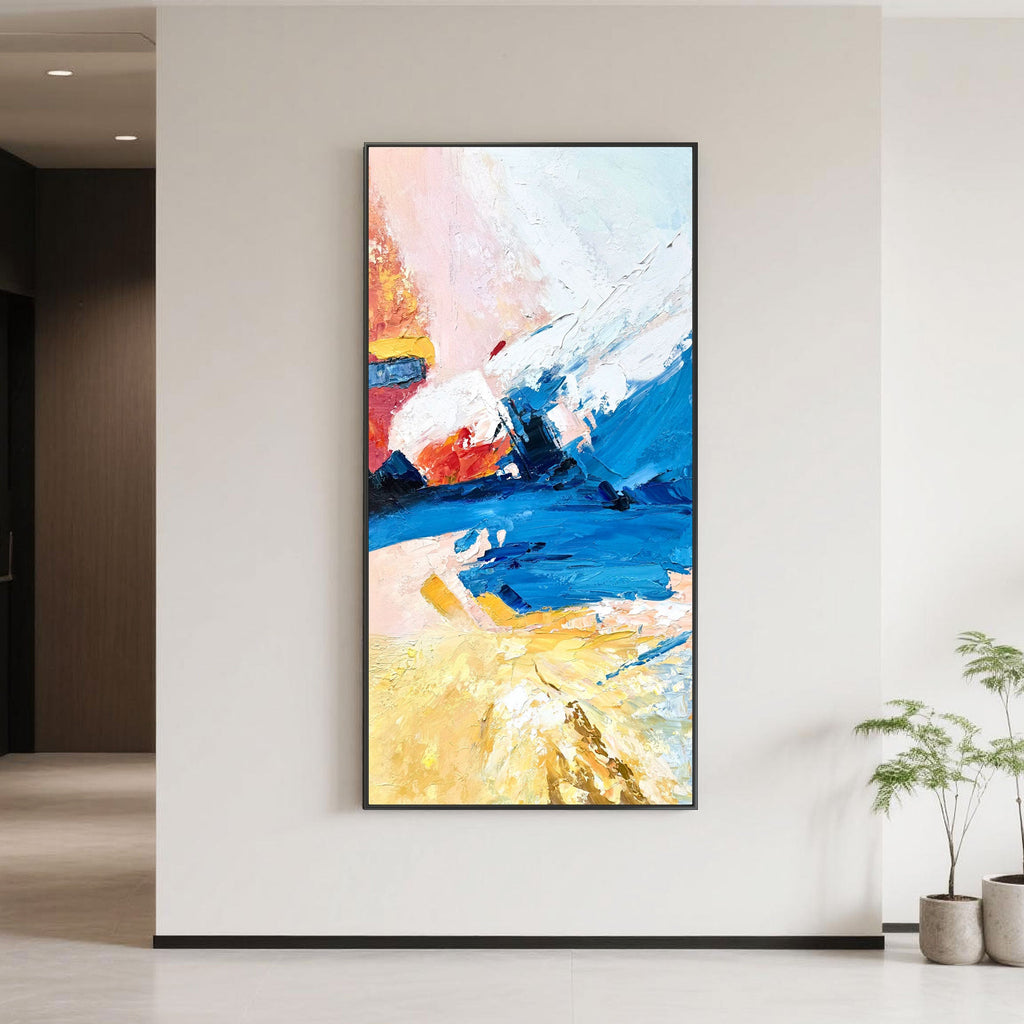 Modern hallway featuring colorful abstract wall art.