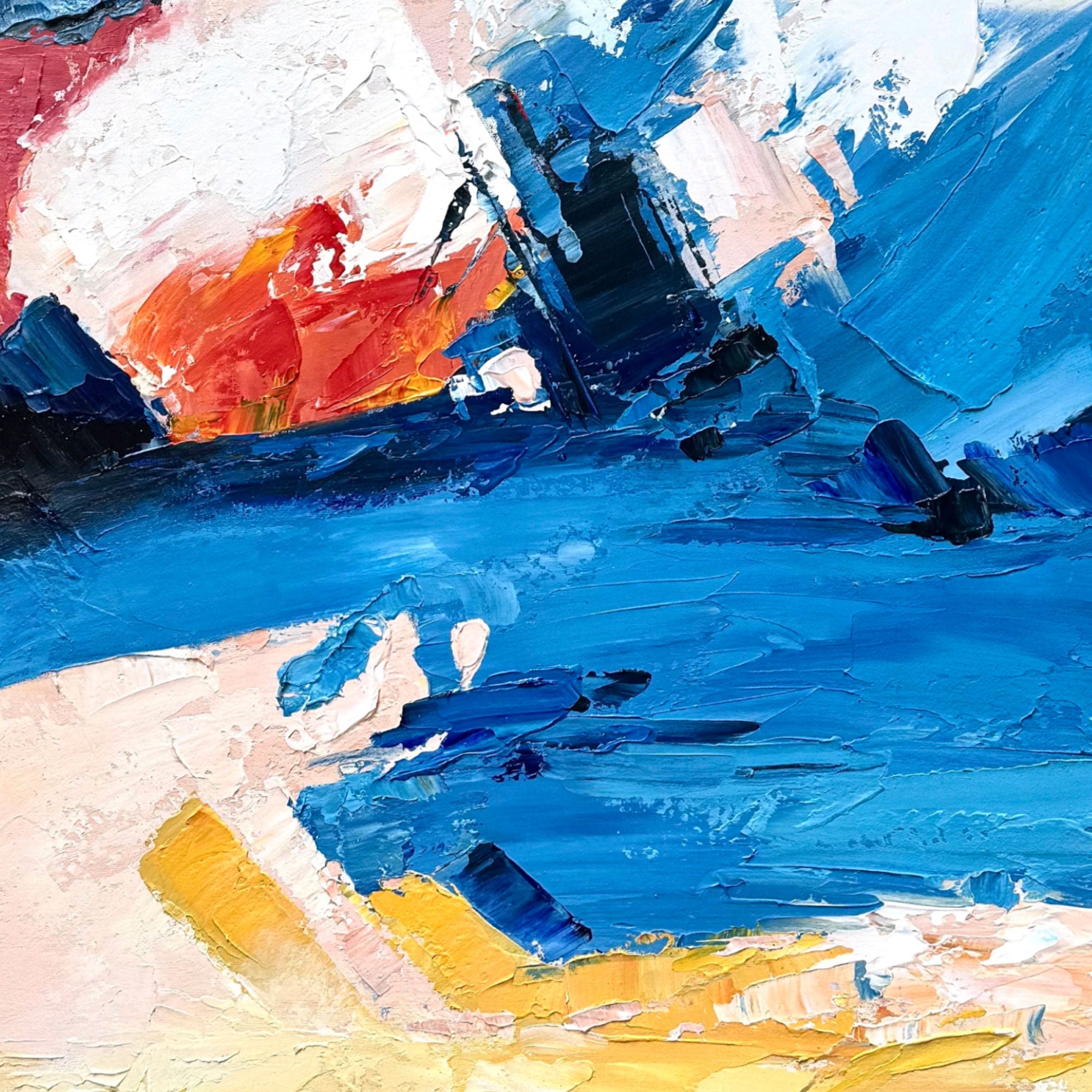 Close-up of textured abstract art with bold blue and pink hues.